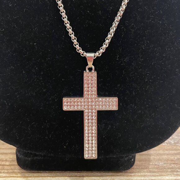 Vintage Silver Tone Rhinestone Crystal Cross Pendant Statement Necklace - Picture 2 of 3